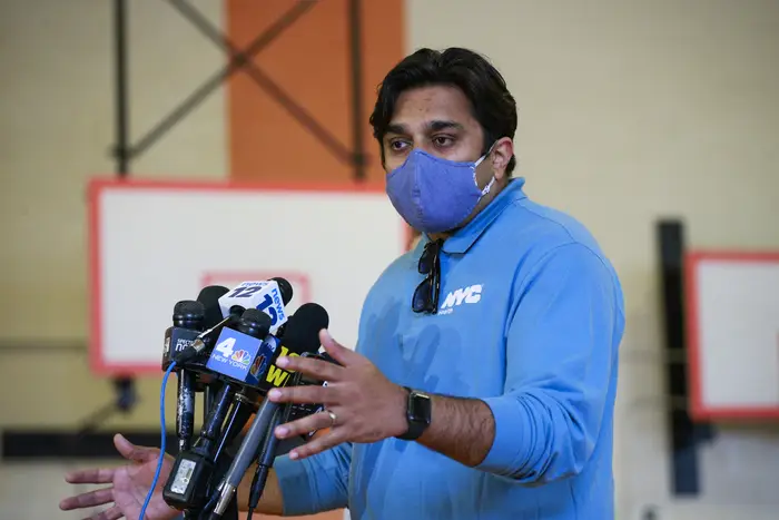 New York City Health Commissioner Ashwin Vasan speaks during a press conference before the opening of a monkeypox mass vaccination site at the Bushwick Education Campus in Brooklyn on July 17, 2022